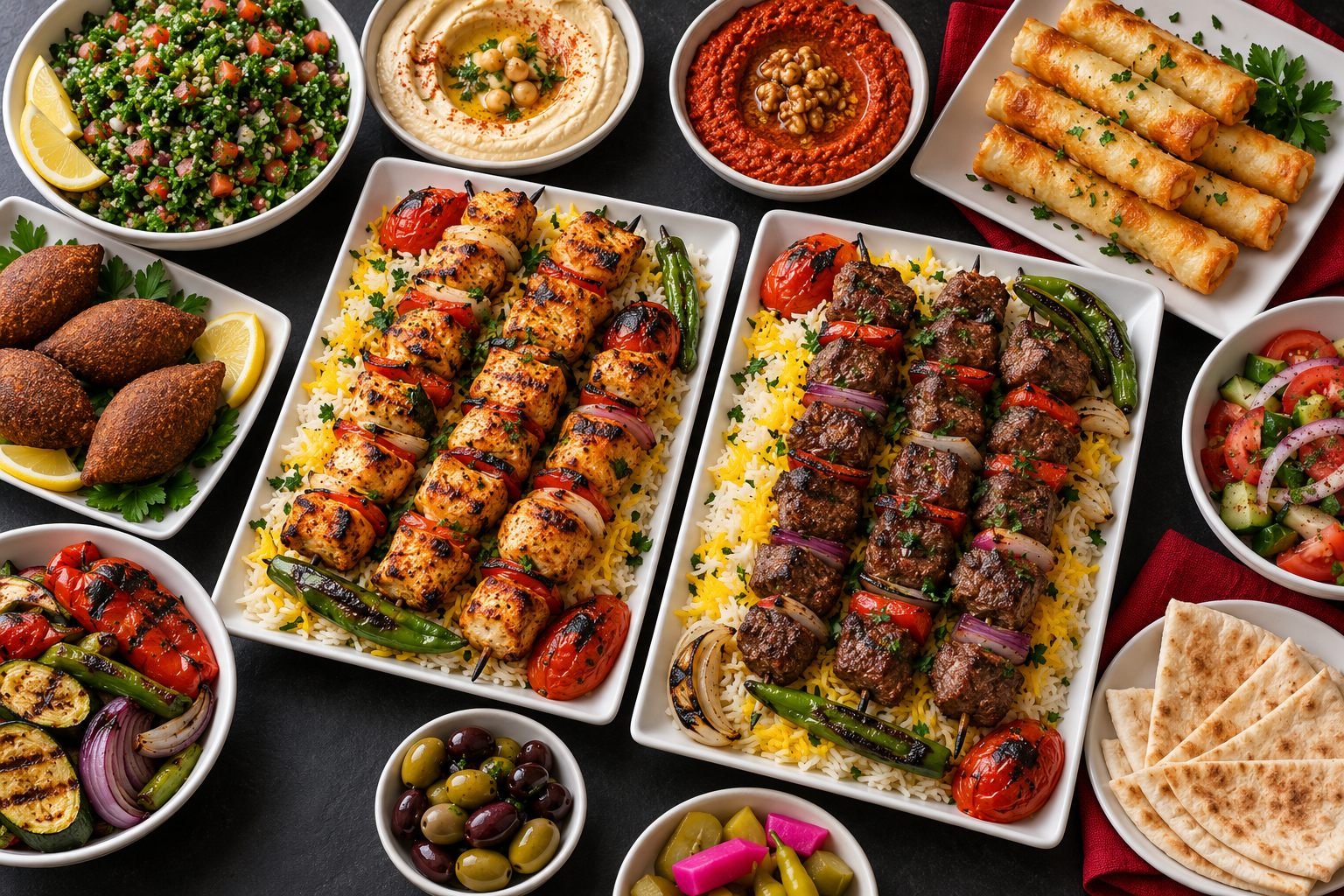Illustrative spread of grilled skewers, rice and sides