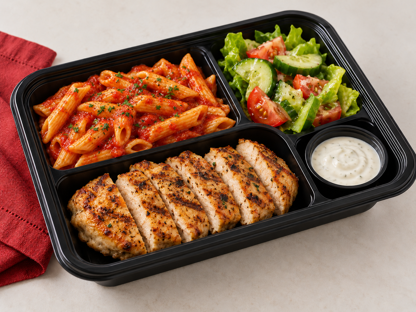 Illustrative individually packed Pasta & Chicken Steak